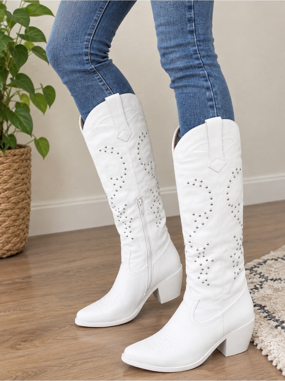 White Studded Western Knee-High Boots for Women